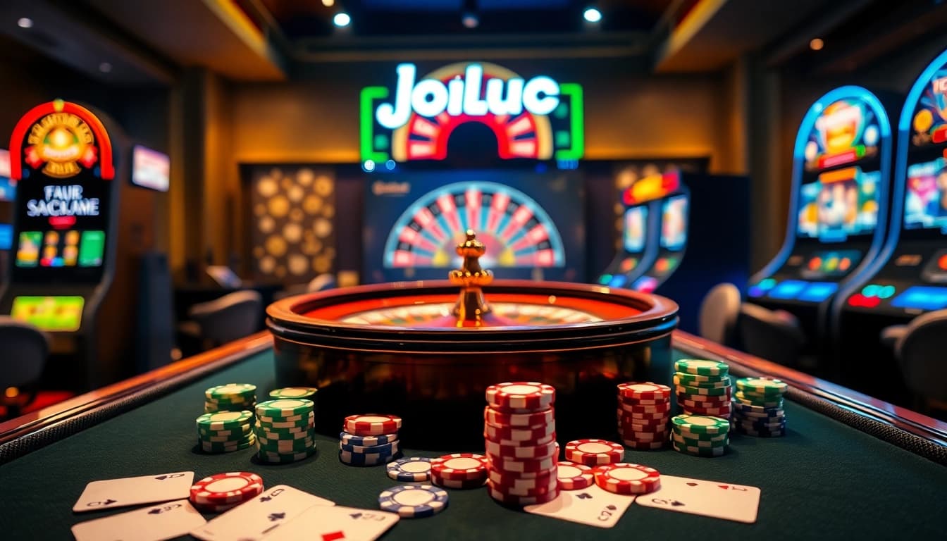 Experience thrilling online gaming with Jogoluck's luxury casino environment, featuring poker tables and vibrant slots.
