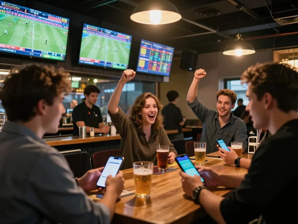 LV88 players engaging in sports betting at a lively bar with screens and mobile apps
