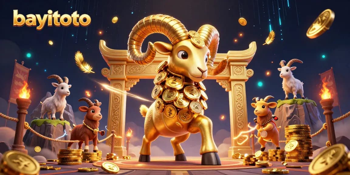 Engage in thrilling bets on bayitoto, featuring a golden ram amidst a vibrant casino arena.