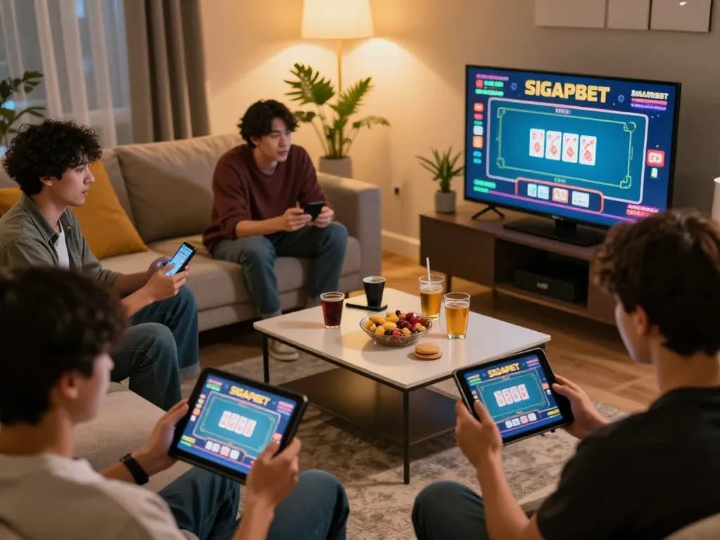 Players enjoying SIGAPBET games on tablets in a cozy home setting, showing excitement.