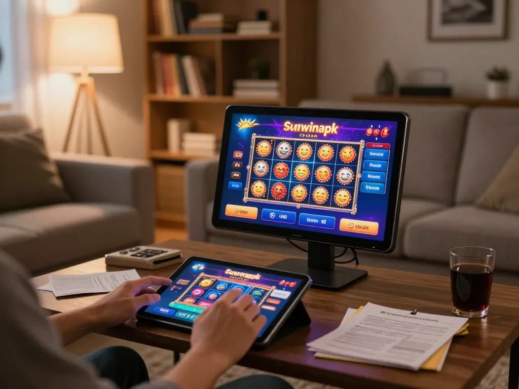 Engaging in online gaming on sunwinapk app with colorful interface visible on tablet in cozy home setting