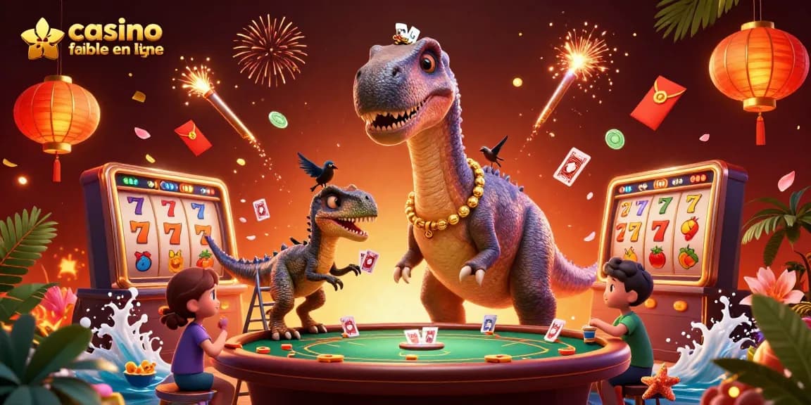 Profitez de l'expérience d'un casino fiable en ligne avec un brontosaurus et un raptor jouant aux cartes sous un ciel détaillé.