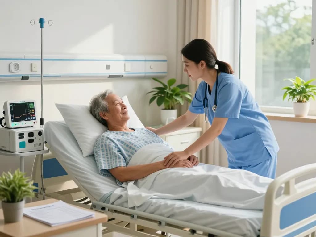 giường bệnh nhân in a cozy hospital room with caregiver and patient interaction, enhancing comfort and care.