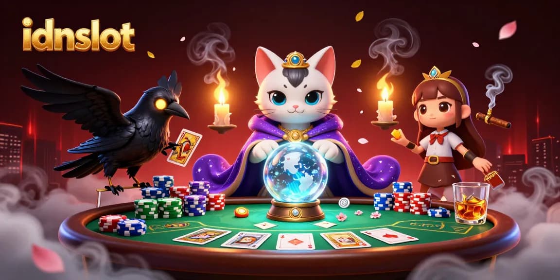 Experience idnslot gameplay with a mystical scene featuring colorful poker elements and enchanting characters.