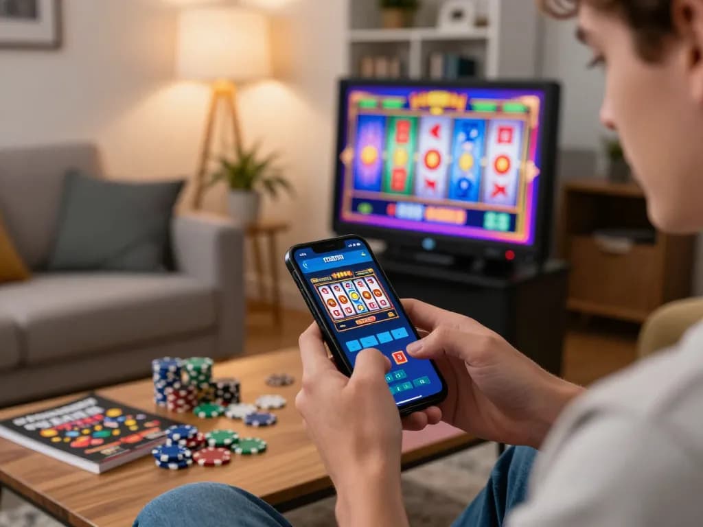 Experience the excitement of slot bonus 100 while playing on a smartphone in a cozy home setting.