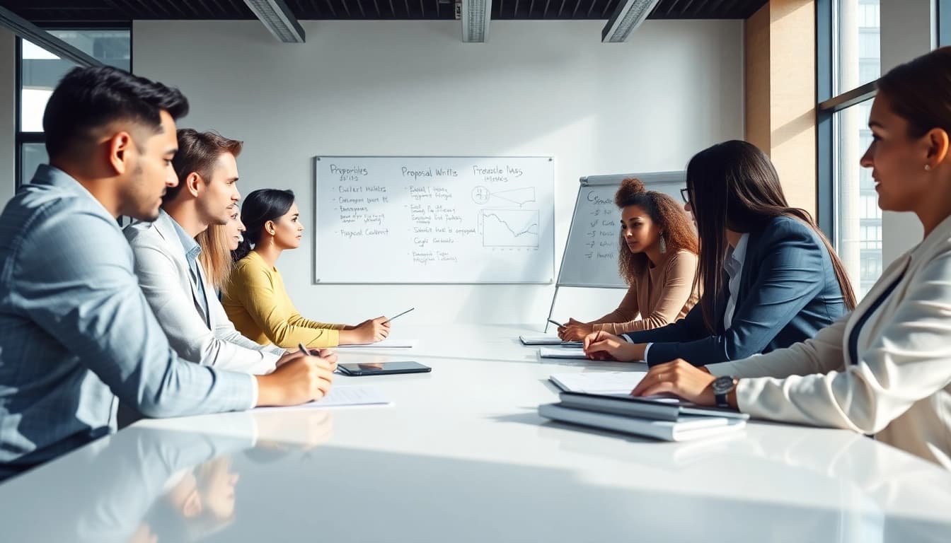 Group collaboration on Proposal Writing and Management in a modern office setting.
