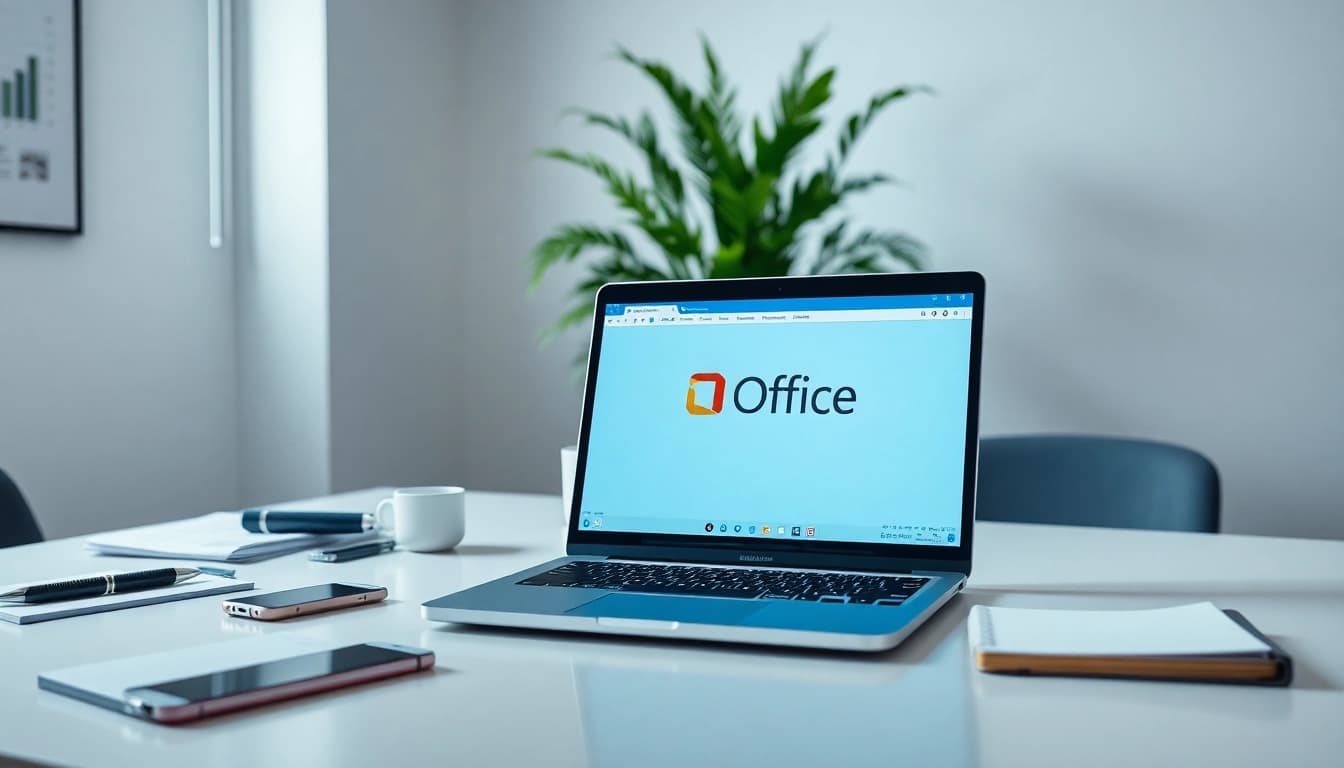 在明亮工作区的现代笔记本电脑上展示的 WPS Office,强调生产力。