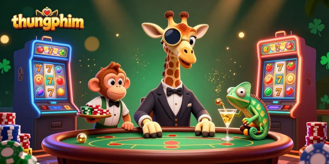 Spin the reels at thungphim with a vibrant casino scene showcasing a giraffe, monkey valet, and chameleon bartender.