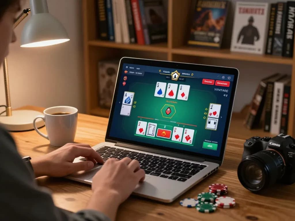 Engaging in a live blackjack game on 388bet from a cozy home office, showcasing strategic gameplay.