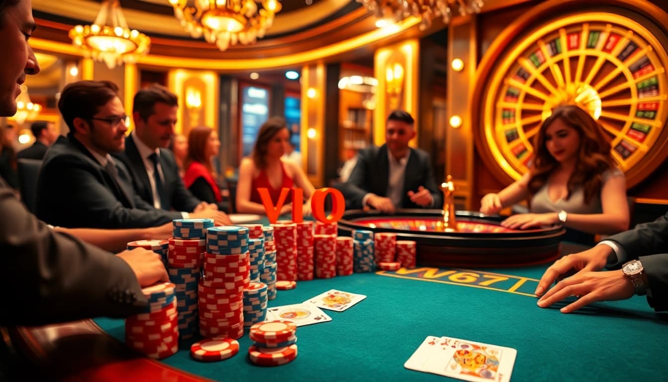 vin777 high-stakes poker game with colorful chips and vibrant digital graphics