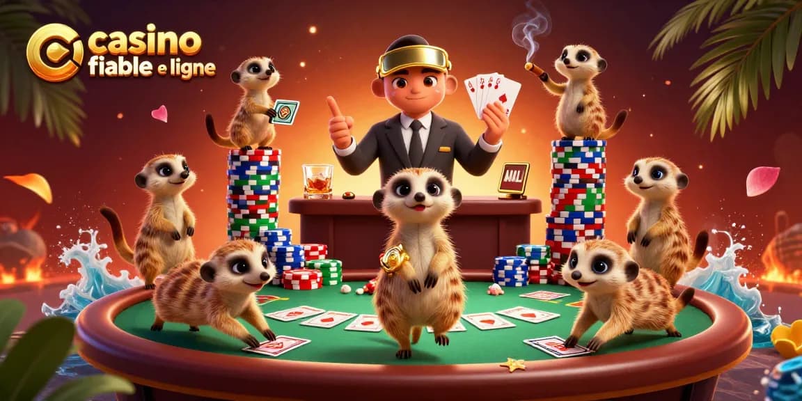 Jouer dans un casino fiable en ligne avec des suricates animés et des jeux de cartes colorés.