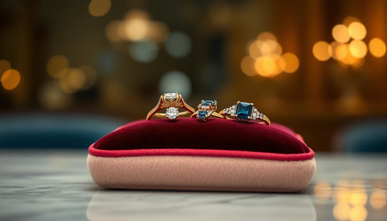 Admiring gorgeous couple rings on velvet, showcasing elegance and craftsmanship.