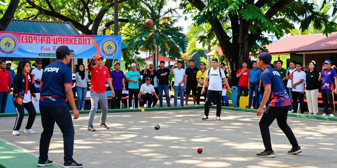 Pemandangan lapangan petanque FOPI Kota Parepare dengan pemain beraksi dan suasana penuh semangat.