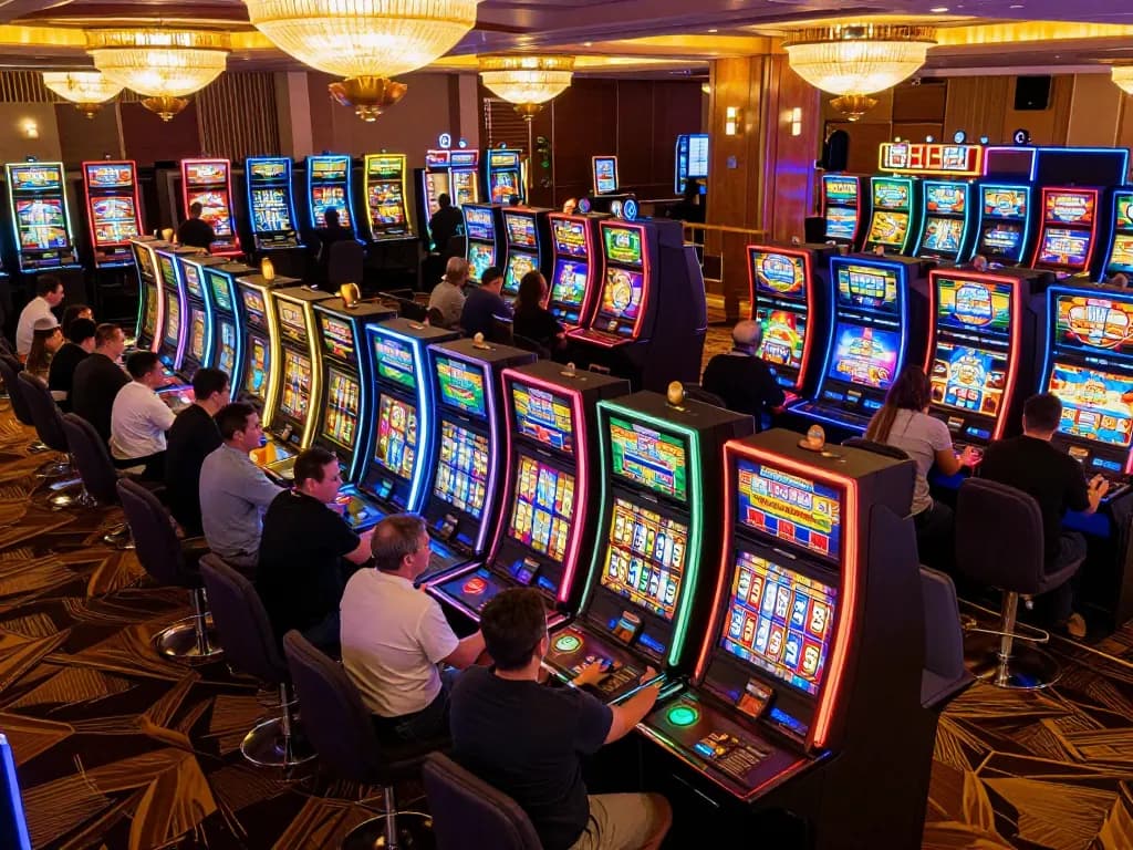 Engaged players interacting with colorful slot machines, showcasing excitement and high-stake thrills at a casino.