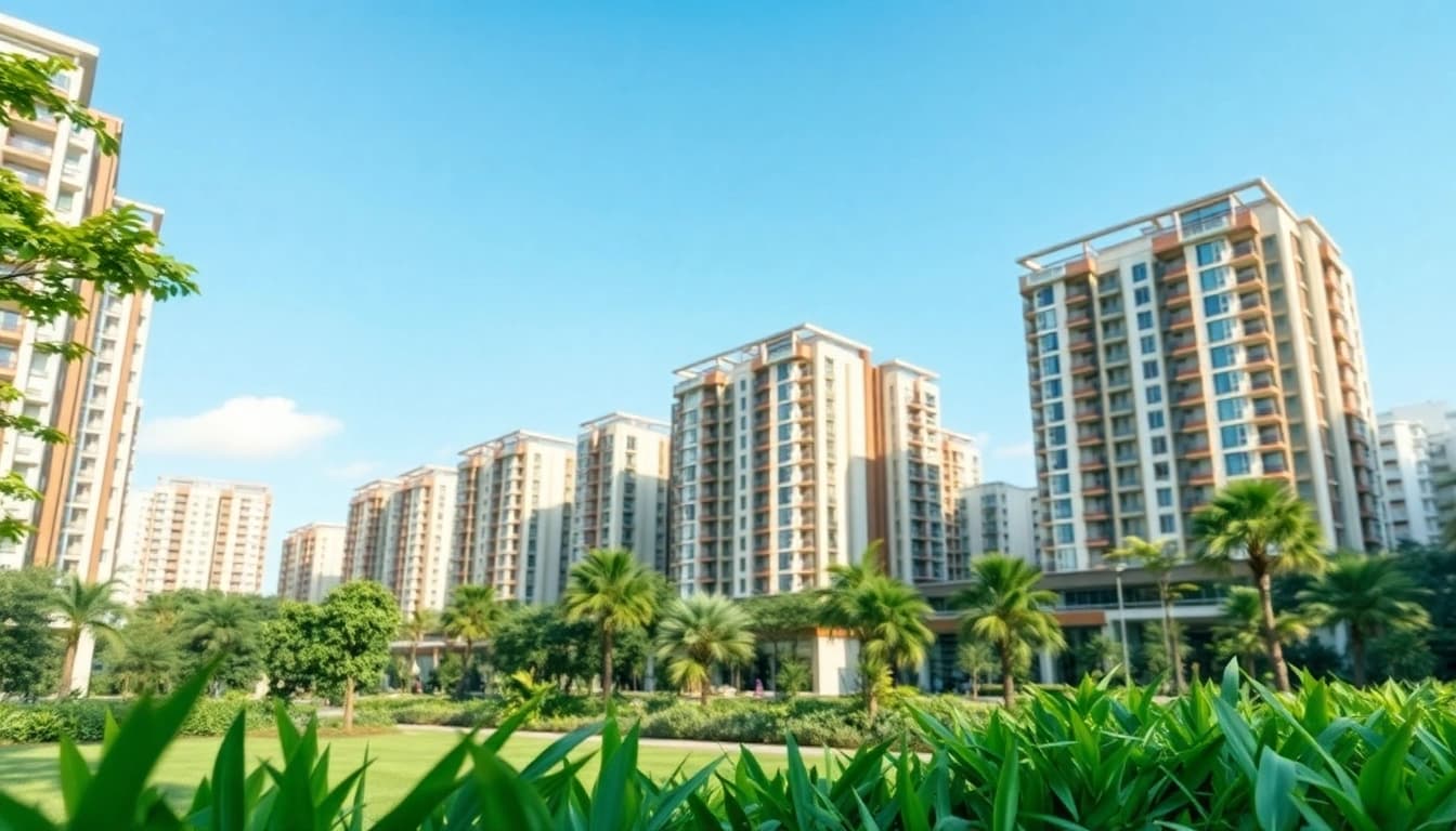Showcase of Tampines EC community with modern buildings and lush landscapes.