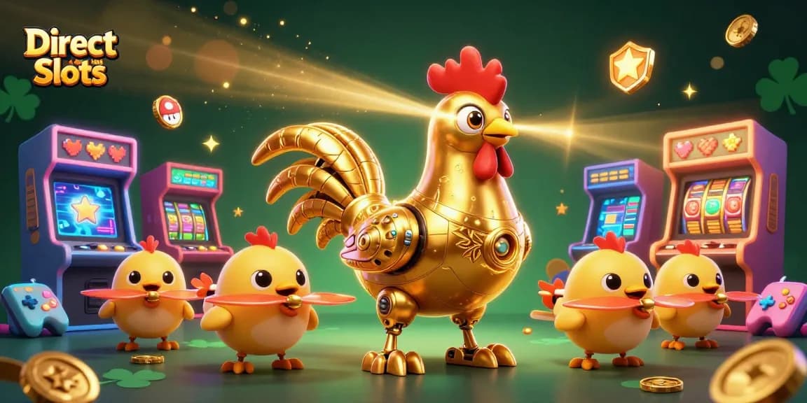 Experience thrilling gameplay with Direct Web Slots featuring a golden rooster robot, arcade machines, and dynamic elements.