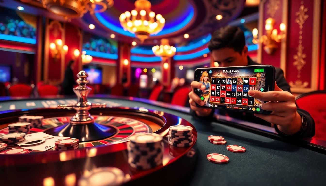 Playing PG Soft games on a smartphone at a luxurious casino table filled with poker chips.