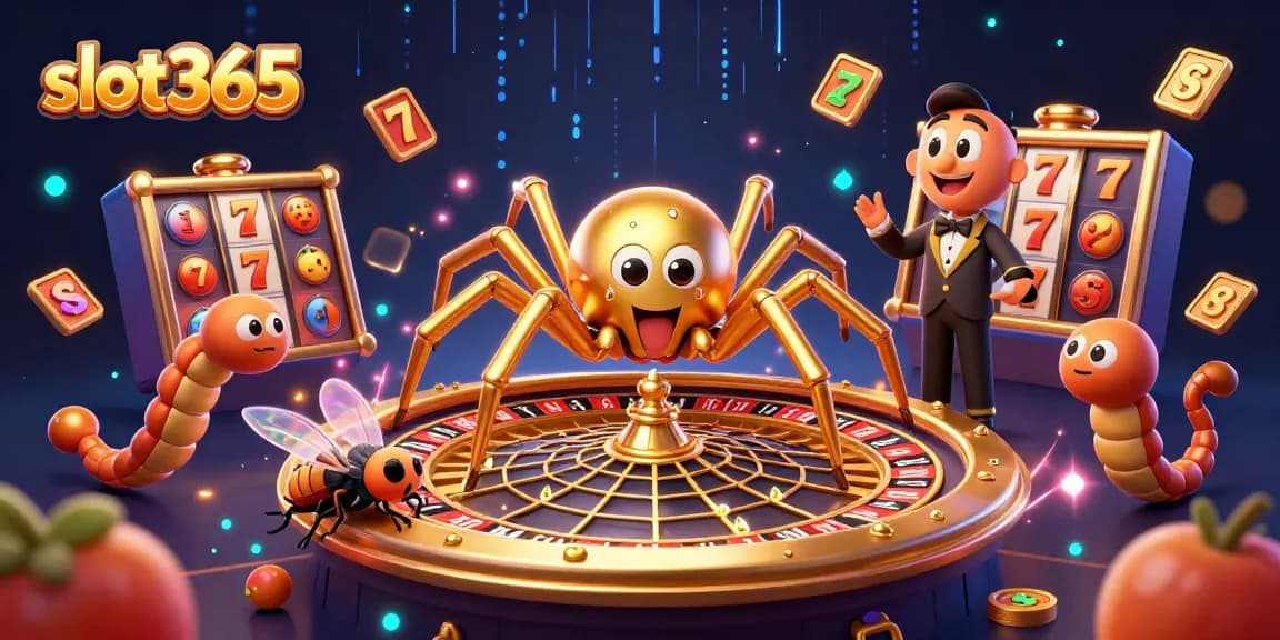 Experience thrilling bets with slot365 featuring a golden spider, roulette wheel, and jackpot symbols.