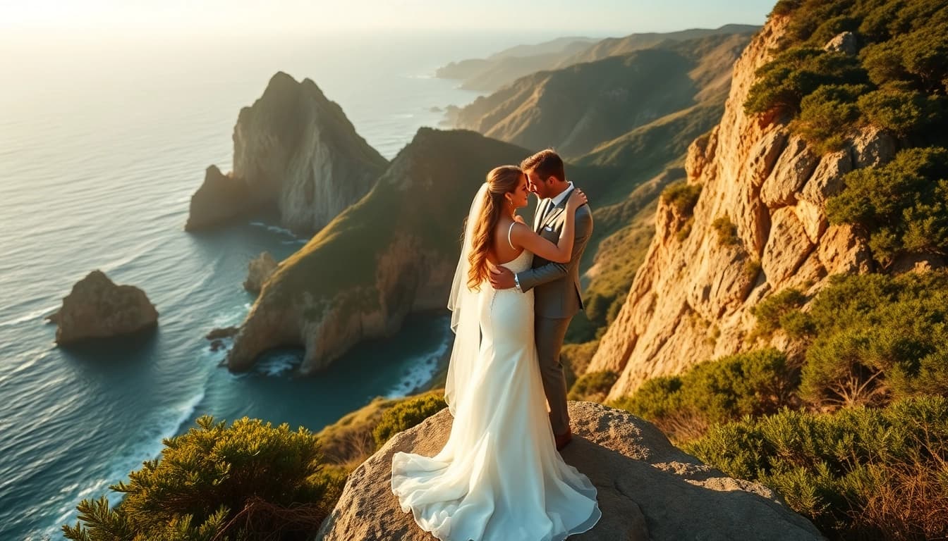 Couples joyfully capturing Big Sur wedding photography against a breathtaking ocean backdrop.