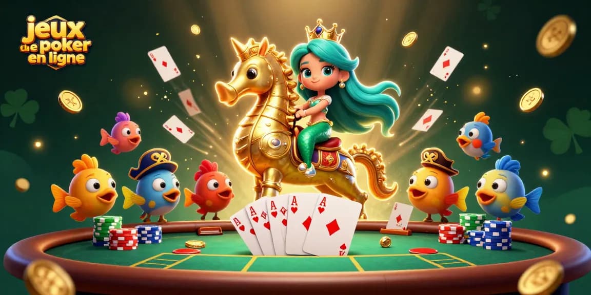 Jouer aux jeux de poker en ligne avec une princesse sirène et des poissons pirates autour d'une table de poker.