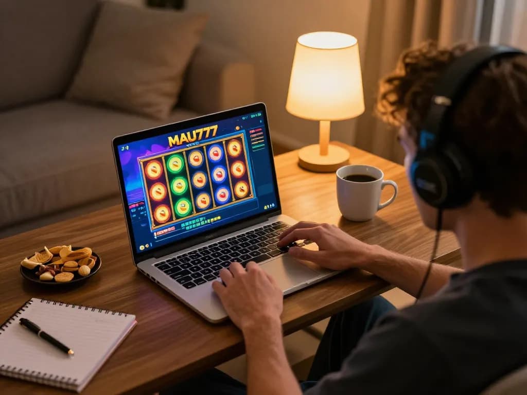 Mau777 slot gameplay with a player focused on spinning the reels during a cozy home session