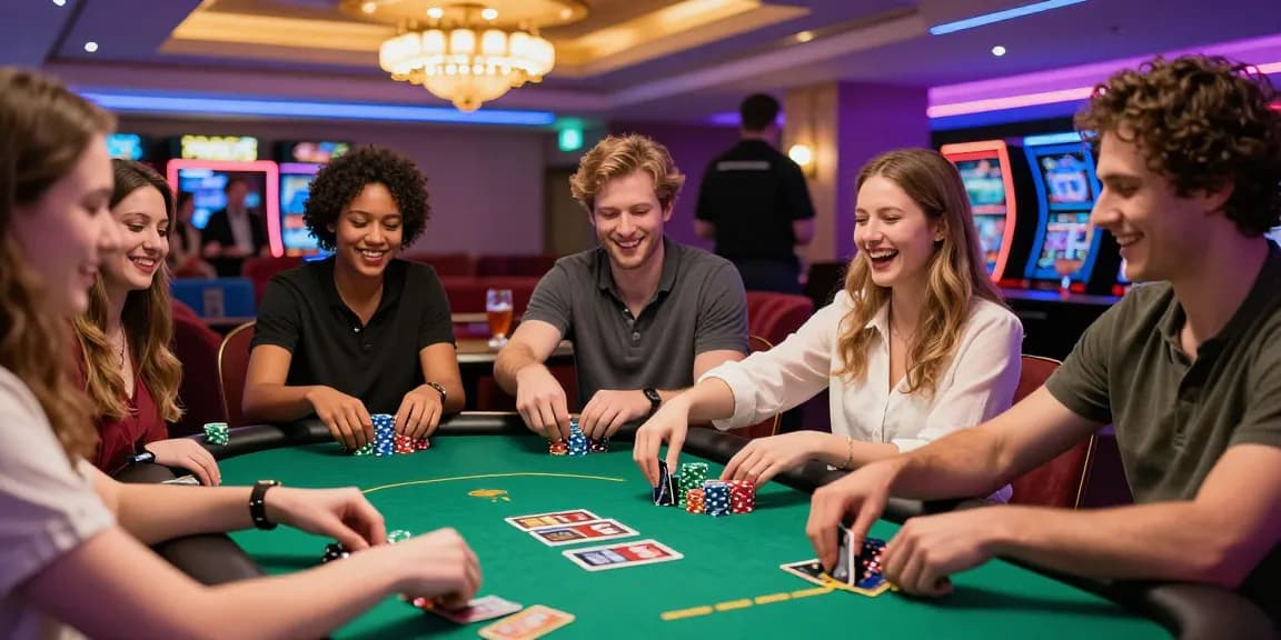 Exciting group of friends enjoying poker at credit card casinos, vibrant casino scene with colorful chips and neon lights.