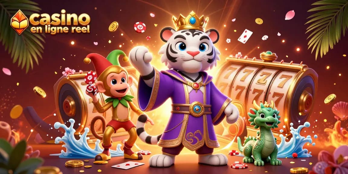 Jouez au casino en ligne réel avec un tigre majestueux et un singe jonglant autour de machines à sous.