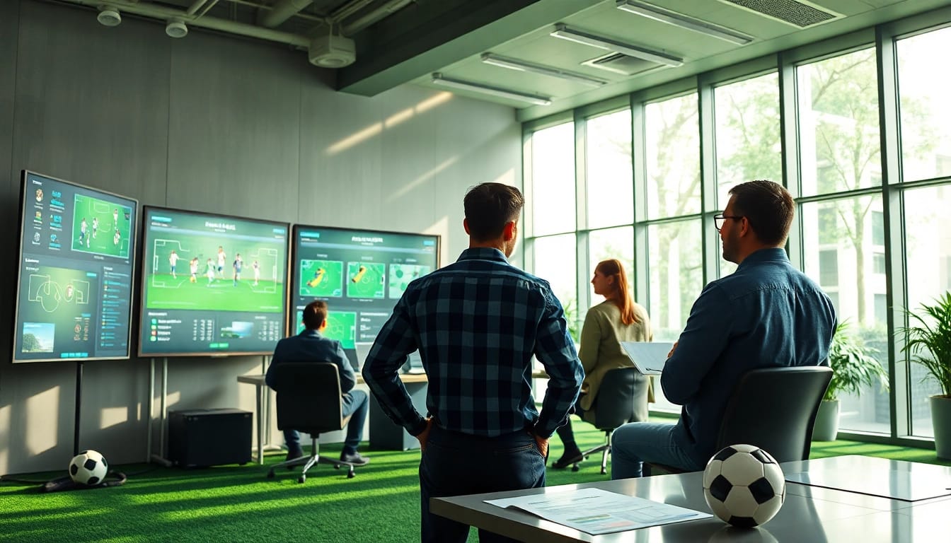 Analyze ทีเด็ดบอล strategies in a dynamic sports analytics office with advanced techniques.