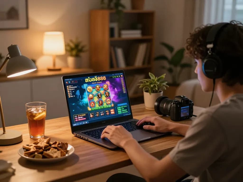 Engaged player enjoying สล็อต888 gaming on a laptop in a cozy home setting.