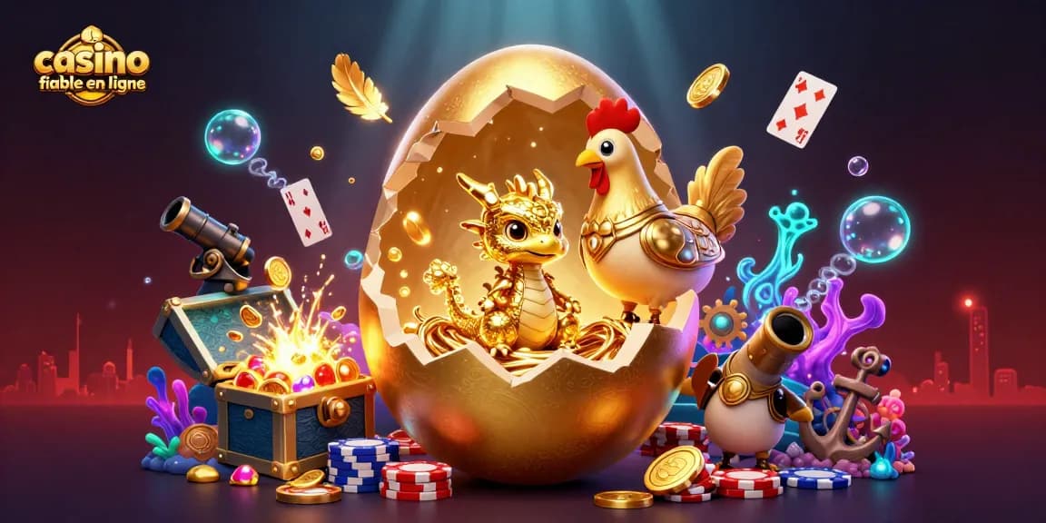 Illustration d'un casino fiable en ligne avec un dragon doré sur un nid de jetons, entouré de trésors et d'éléments de jeu.
