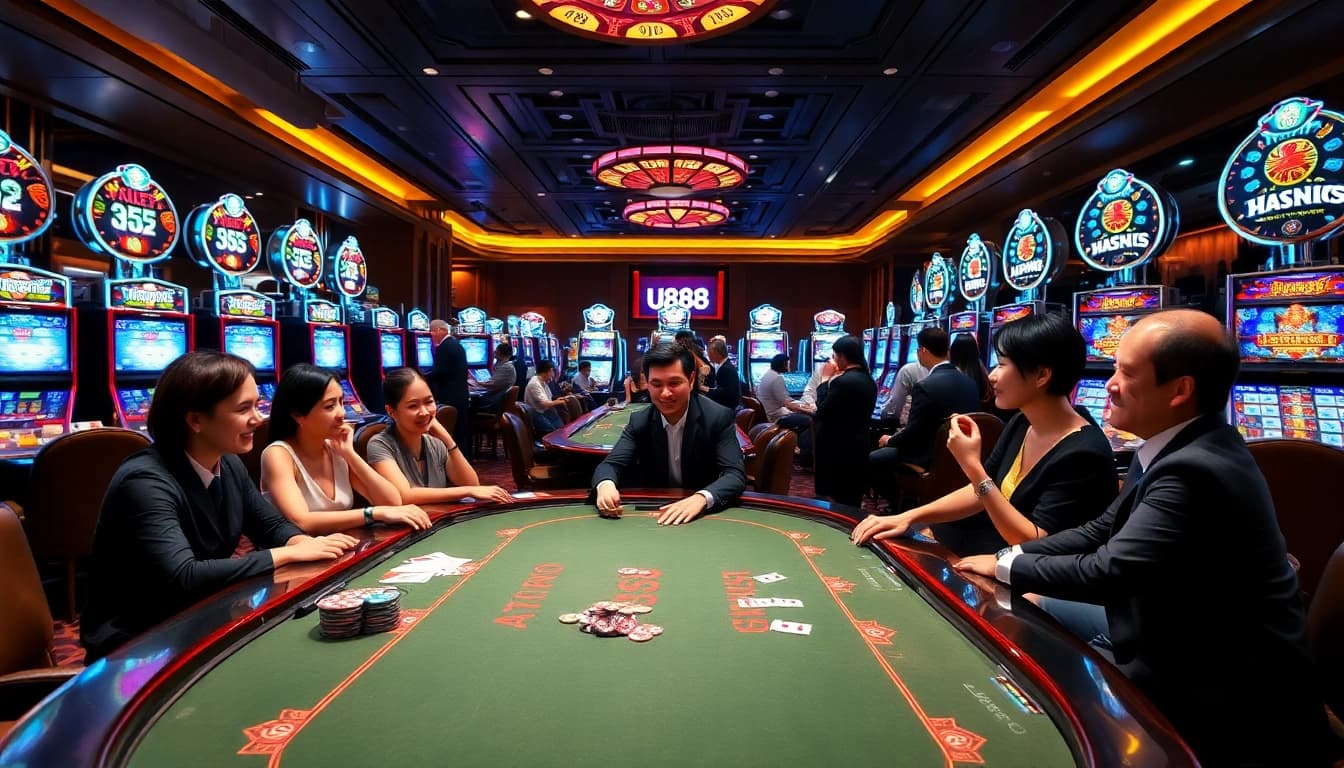 U888 gaming table setup with colorful chips and engaged players in a lively casino atmosphere.