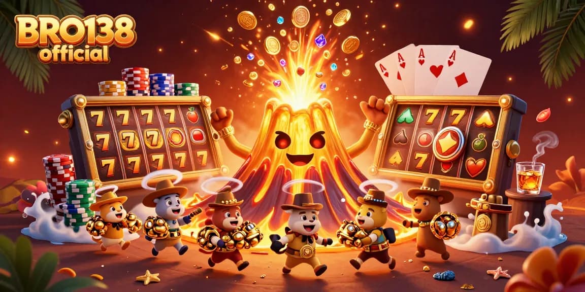 BRO138 official showcases a triumphant golden volcano erupting coins and treasures, emphasizing exciting slot rewards.