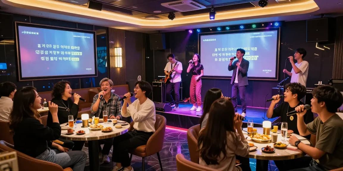 Vibrant atmosphere at 강남 달토 가라오케 with friends celebrating and singing, showcasing the lively nightlife experience.