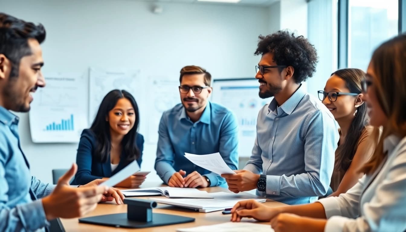 B2B competitive intelligence meeting with diverse professionals analyzing market data.
