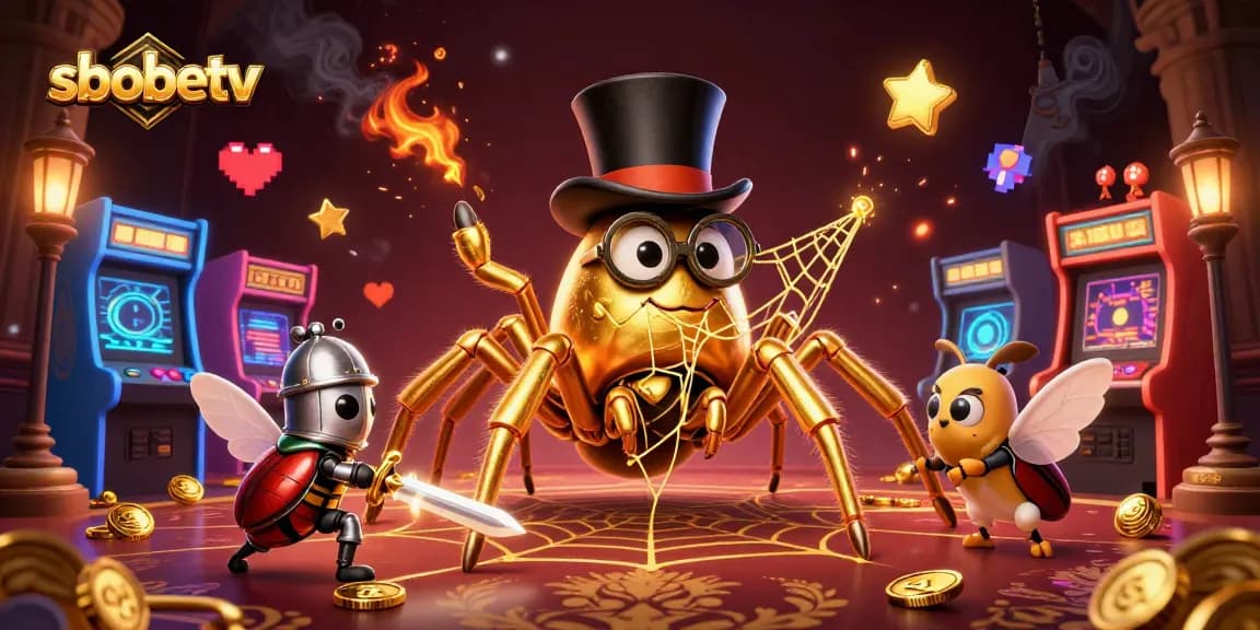 Experience sbobetv gaming excitement with a vibrant casino scene featuring golden creatures and arcade elements.