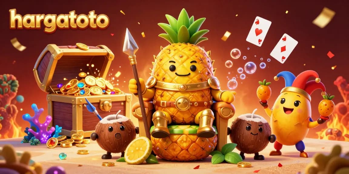 Experience winning excitement with hargatoto's vibrant casino scene featuring the golden pineapple king and lively characters.