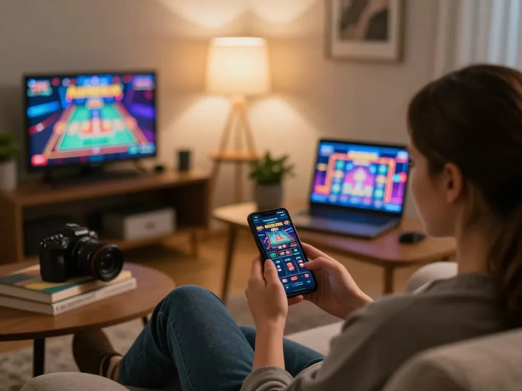 Engaging in mobile gaming at a cozy home setting, showcasing casino non aams per italiani gameplay.