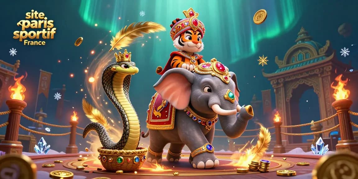 Pariez sur site paris sportif France avec une scène de casino colorée remplie d'éléphants et de pièces d'or.