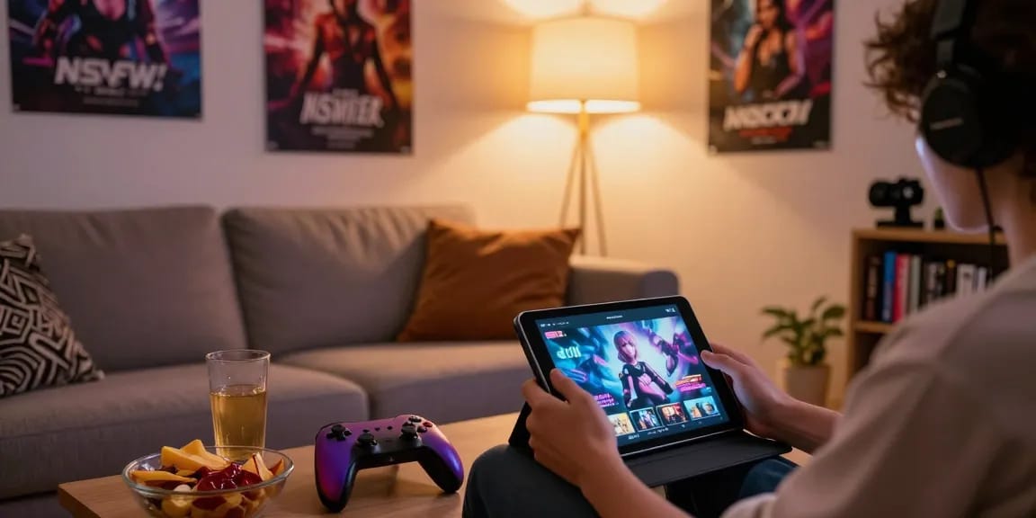 Cozy living space with person using tablet for nsfw ai games surrounded by gaming gear and ambient lighting.