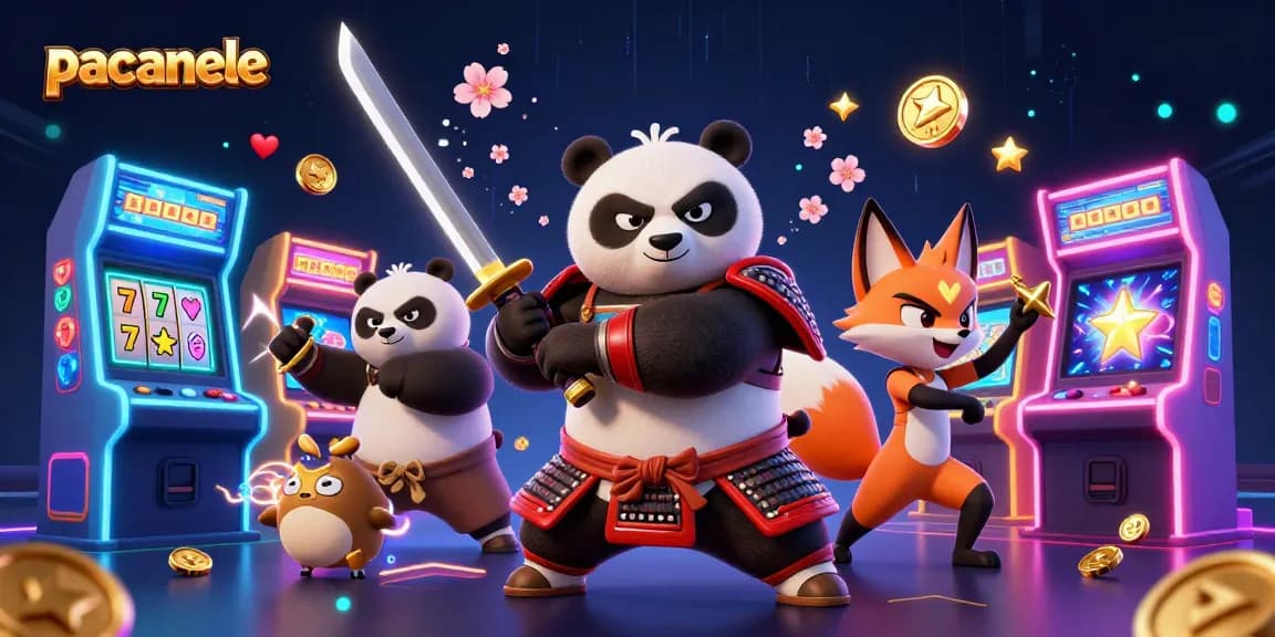 Joacă păcănele captivante cu un panda samurai și un vulpe ninja în această ilustrație dinamică 3D.