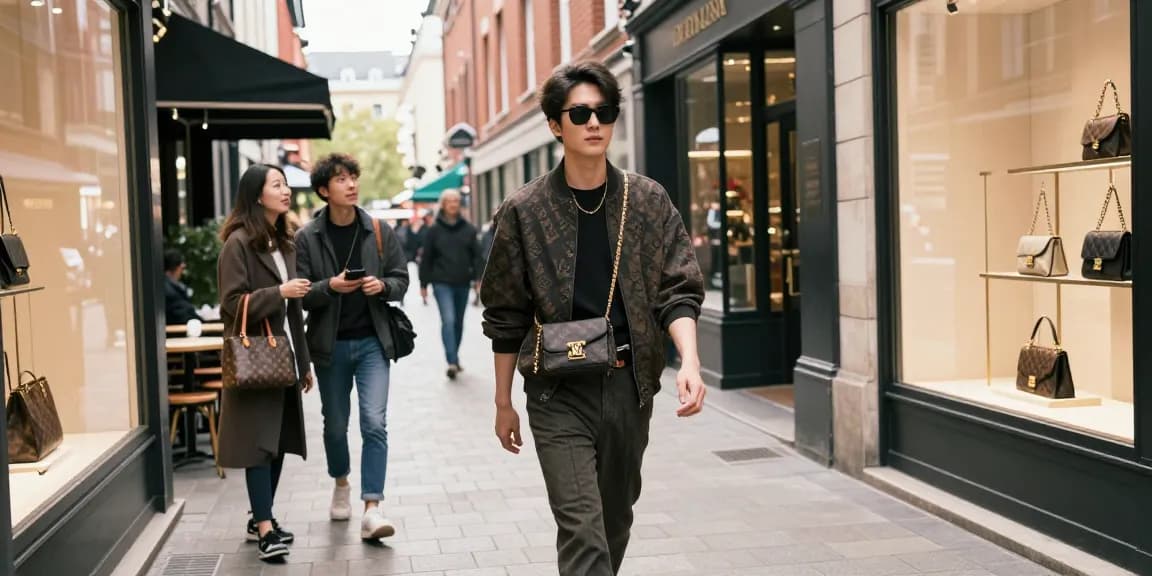 Stylish individual flaunting 명품 레플리카 fashion down a chic urban street