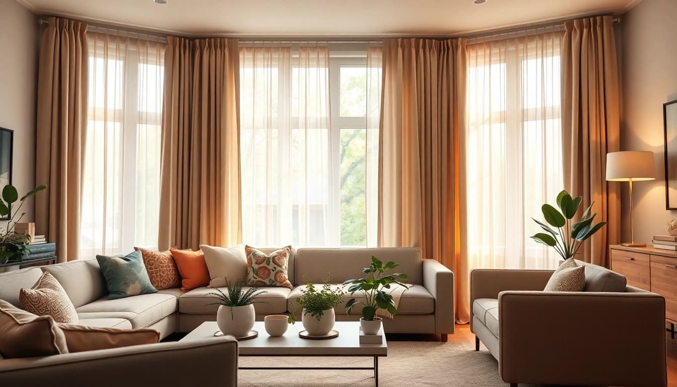 Verduisterende gordijnen in een stijlvolle woonkamer met natuurlijke uitstraling.