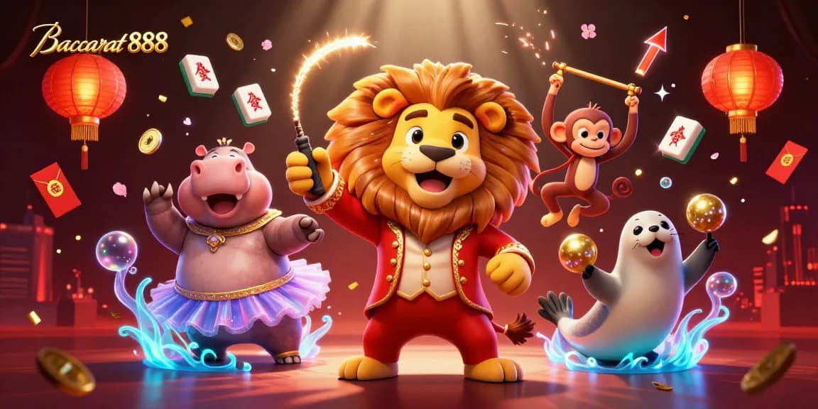 Baccarat888 showcases thrilling action with a lion, hippo, monkey, and seal amidst dynamic game elements.