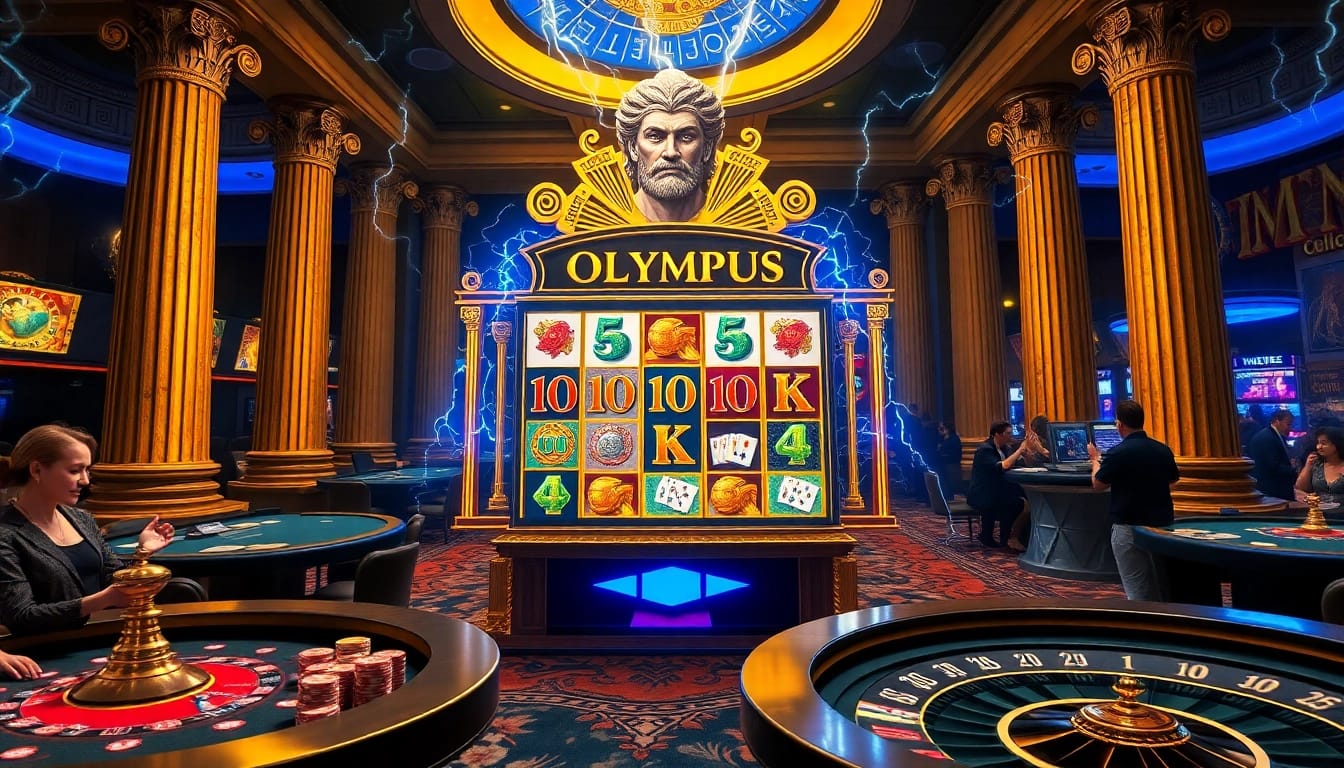 Pemain berinteraksi dengan mesin slot Olympus di dalam suasana kasino mewah.