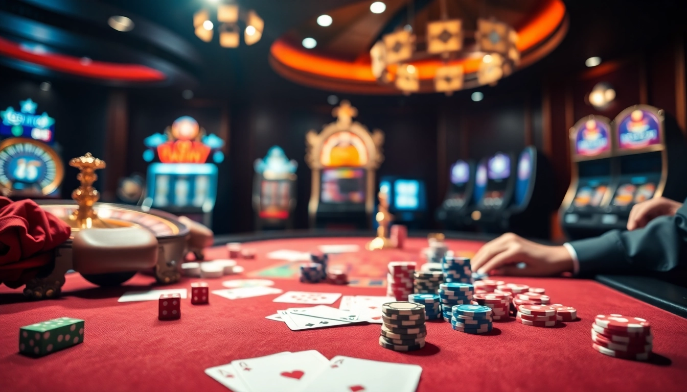 A vibrant casino scene with players at a betting table showcasing the excitement of Nhà Cái BJ888's gaming experience.