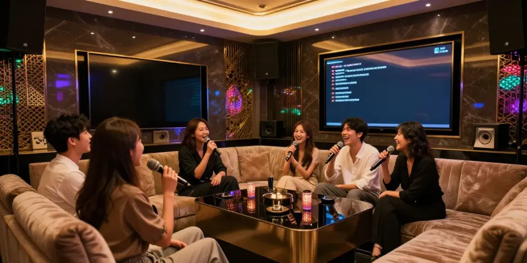 강남 달토의 프리미엄 가라오케룸에서 친구들이 즐거운 시간을 보내는 모습