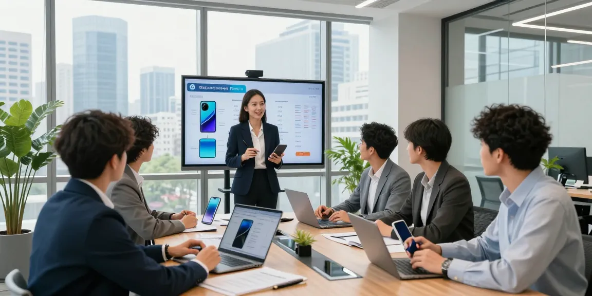 Dynamic team collaborating on a business mobile comparison UK project in a modern conference room.