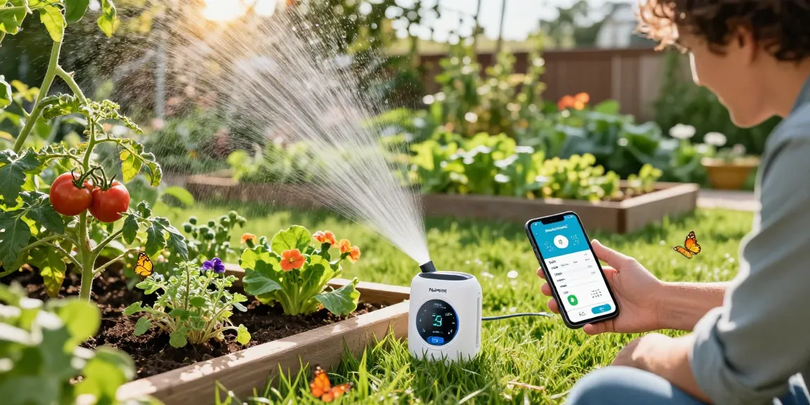 Gardener using the rainpoint smart sprinkler controller for efficient garden watering, surrounded by flourishing plants and vibrant flowers.