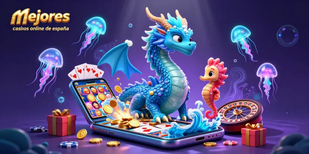 Captura la emoción de jugar en los mejores casinos online de España con un dragón 3D y elementos de juego.