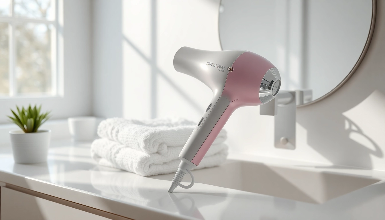 Ionic hair dryer on a bathroom counter with plush towels, showcasing its sleek design and natural light.
